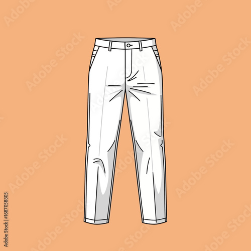 A stylish pair of white men's trousers, meticulously illustrated with clean lines, perfect for fashion design, casual wear, or professional apparel concepts.