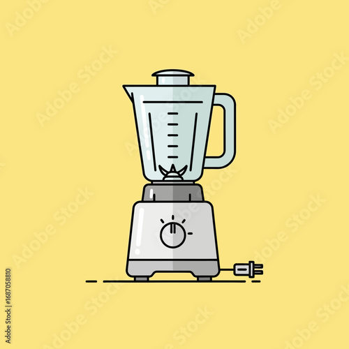 A modern kitchen blender with a clear pitcher and power cord stands ready on a vibrant yellow background, illustrating healthy food preparation.
