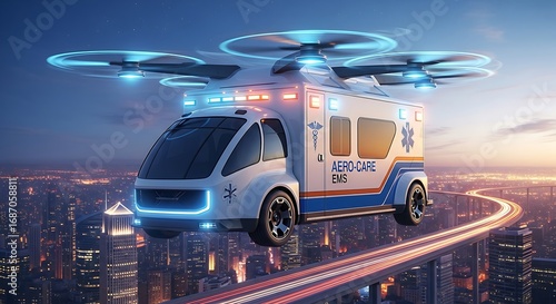 Futuristic flying ambulance concept vehicle in urban environment at sunset
