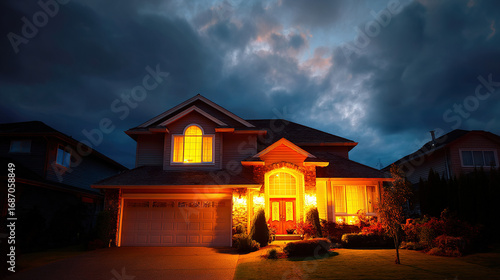Modern Suburban Dwelling at Dusk, Windows Aglow with Warmth, Embodying a Cozy Family Home Ambiance Under a Cinematic Sky.