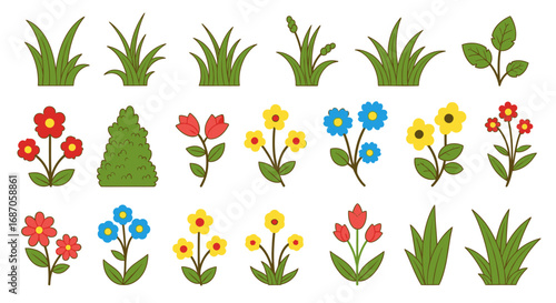 Collection of Cartoon Grass and Flower Elements for Spring Designs