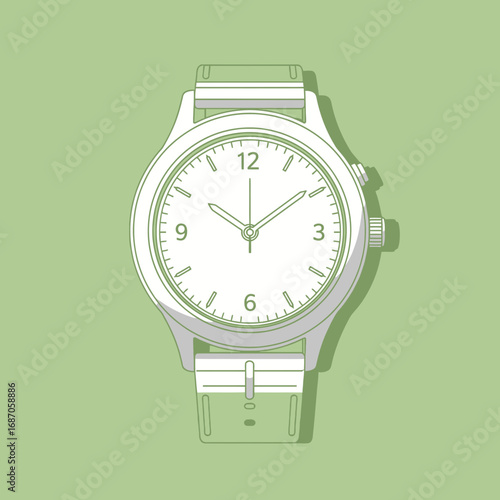 A sleek, minimalist vector illustration of a classic analog wristwatch featuring a crisp white dial, subtly set against a soft, muted green background.