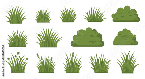 Varied green grass tufts and bushes isolated elements collection vector