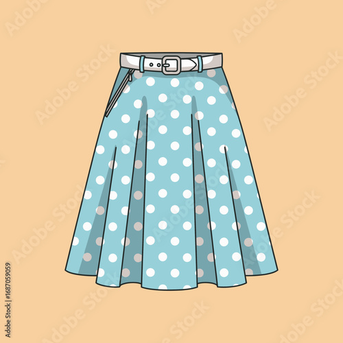 A charming light blue pleated skirt, adorned with classic white polka dots and a stylish white belt, is beautifully depicted, embodying timeless retro fashion.
