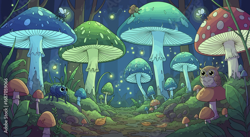 Enchanted forest scene at night featuring a magical path lined with giant, glowing, colorful mushrooms and whimsical creatures