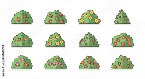 Ornamental Garden Shrubs with Flowers Cartoon Style Collection