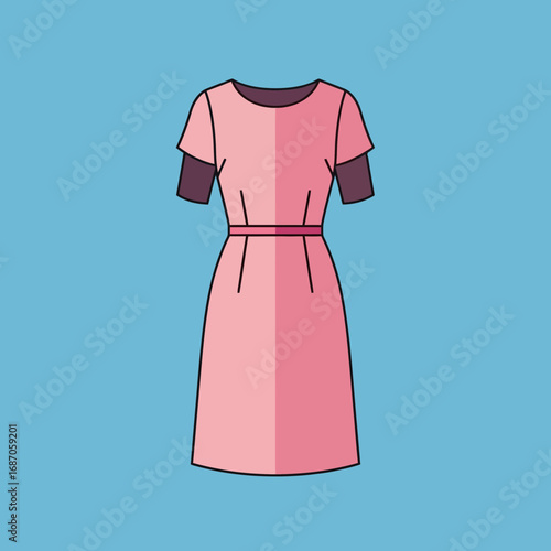 A stylish pink dress with short sleeves and a delicate belt, rendered in a modern flat design illustration, perfect for fashion and apparel concepts.