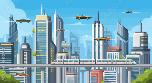 A vibrant, futuristic urban landscape where advanced transportation systems whisk commuters through a gleaming city of tomorrow
