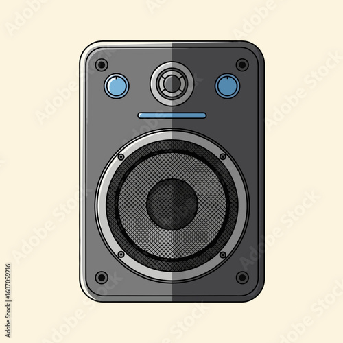 A modern flat design illustration presents a professional audio speaker, detailed with a dark grey cabinet and blue controls, symbolizing high-quality sound and music.