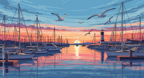 Sunset Harbor Sailboats at Dusk