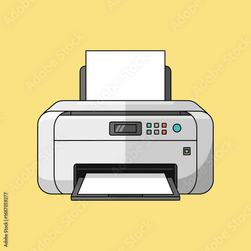 A modern white office printer with blank paper loaded, ready to print documents, depicted in a clean flat design illustration on a vibrant yellow background.