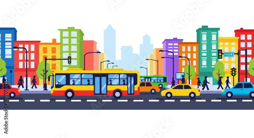 Vibrant City Street Scene Colorful Buildings, Buses, and Cars