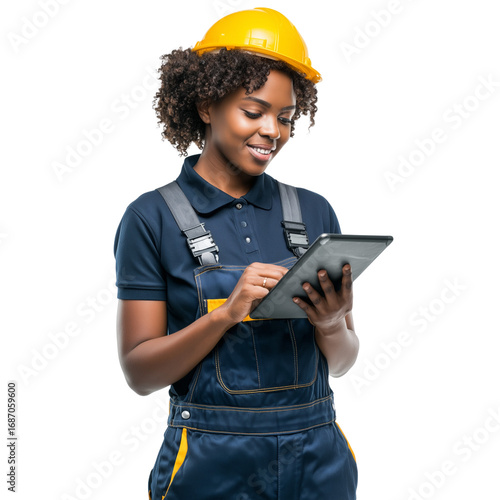 female warehouse worker holding tablet on transparent png background