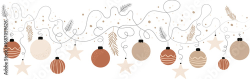 boho christmas border seamless garland pastel baubles stars pine branches linear hand drawn festive decoration for cards posters web design