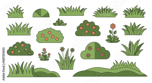 Cartoon garden elements: bushes, grass and plants for creating landscape