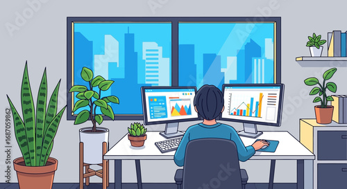 Illustrative depiction of a person working at a desk with dual computer monitors, charts, & plants