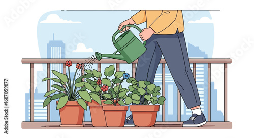 Vector illustration of a person watering potted flowers with a watering can on a balcony, enjoying a gardening hobby with a city view