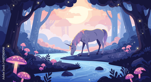 Serene vector illustration of a majestic unicorn drinking from a sparkling river in a whimsical, enchanted forest at twilight