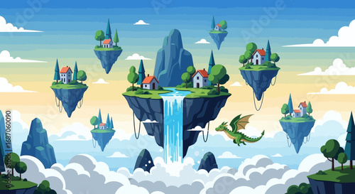 A serene and magical fantasy world in the sky, featuring floating islands with small villages, a cascading waterfall, and a flying green dragon