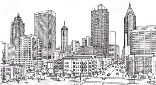 Sketch of the Atlanta, Georgia skyline. A detailed hand-drawn black and white vector illustration of the southern capital's modern architecture.