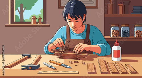 A young boy focused on crafting a wooden model with tools and materials spread out on a workbench