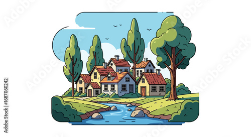 A peaceful cartoon illustration of a quaint village nestled by a serene river, surrounded by lush green trees and meadows