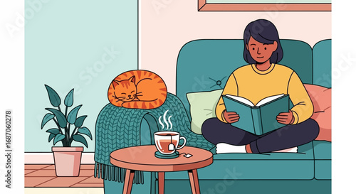 Cozy Reading Nook Woman, Cat, and Tea Illustration for Relaxing Home Vibe
