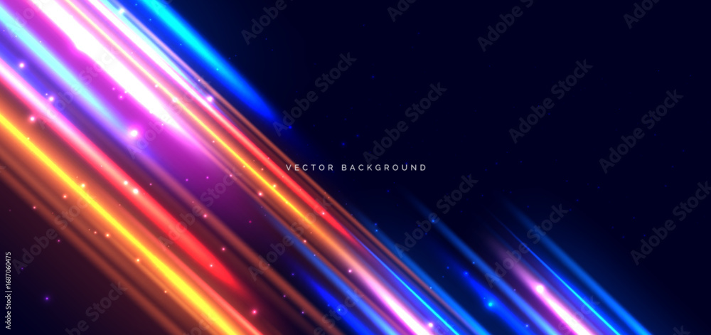 Fototapeta premium Muticolor diagonal lighting streaks on dark blue background. Hi speed movement concept.