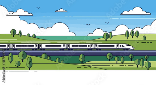 Modern high-speed train traveling through a scenic green landscape under a cloudy blue sky, illustrating advanced transportation technology