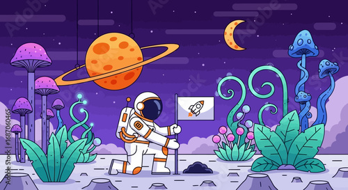 Astronaut Planting Flag on Alien Planet with Mushrooms and Rings