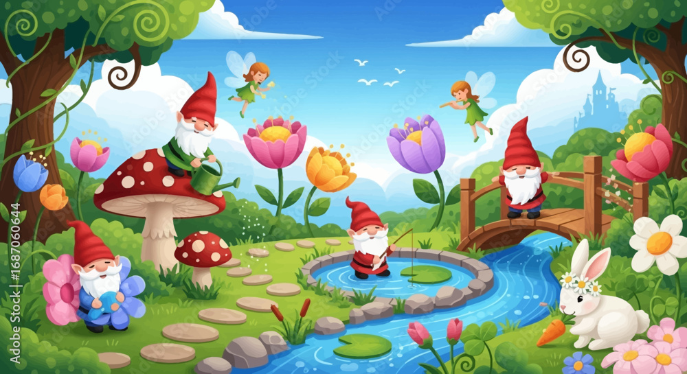 Naklejka premium Whimsical scene of garden gnomes and fairies in a magical spring landscape. Fantasy cartoon vector illustration with a colorful pond and flowers