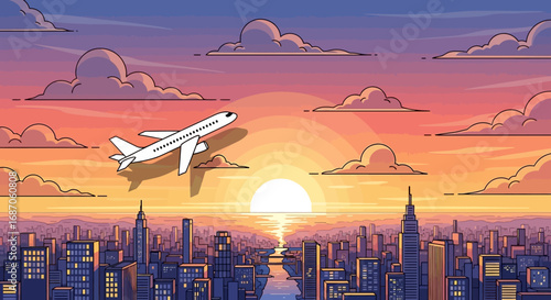 A passenger airplane soars over a pixelated urban skyline during a beautiful and colorful sunrise, symbolizing travel and new beginnings