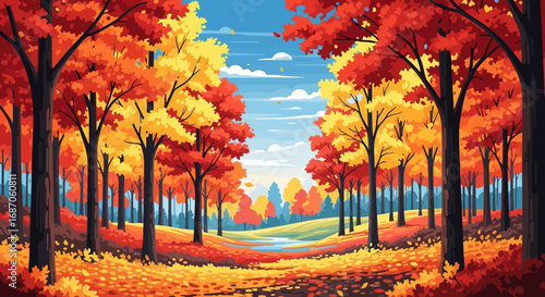 Stylized illustration of a tranquil forest path ablaze with the brilliant and vibrant colors of autumn foliage