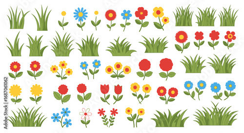 Cartoon grass and flowers vector seamless decorative elements collection
