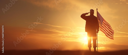 Veteran saluting american flag at sunset patriotic memorial day image