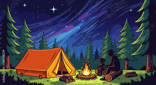 Vector illustration of a parent and child bonding by a campfire, camping in a forest under a beautiful starry night sky