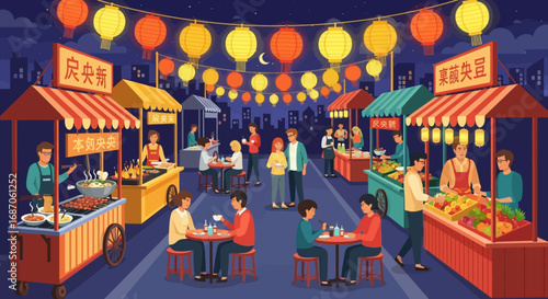 Night Market Scene with Lanterns, People, and Food Stalls - Capturing the Essence of a Festive Gathering