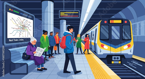 Diverse group of people waiting at a busy subway station for a train to arrive, highlighting urban transportation and daily commutes