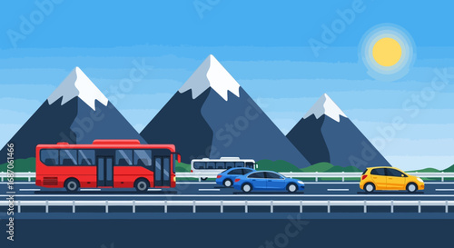 Scenic mountain landscape with a highway and various vehicles under a bright sun