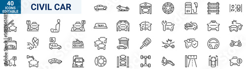 Set of 40 outline icons related to civil car. Linear icon collection. Editable stroke. Vector illustration
