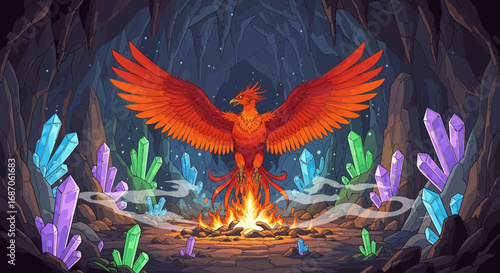 A vibrant fire creature, wings spread, rises from sacred flames within a mystical crystal cave, symbolizing powerful rebirth and ancient power