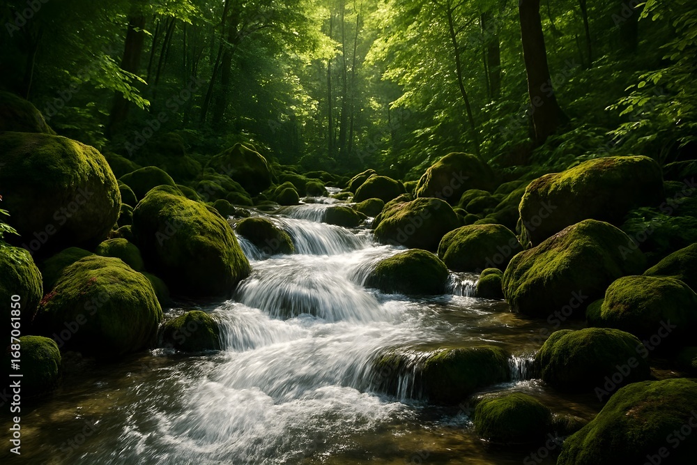 Obraz premium Windows 11 Wallpaper: Calm mountain stream flowing gently through moss-covered rocks in forest under soft daylight in tranquil nature scene