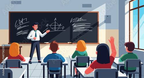 Vibrant illustration of a male teacher explaining a lesson at the blackboard to attentive students in a bright classroom, promoting active learning and engagement in education