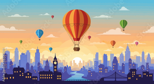 Colorful hot air balloons gently whisk above a vibrant city skyline, capturing the essence of urban travel and a serene river at dawn