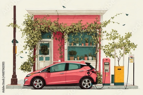 Vibrant Electric Car Charging Near Colorful Flower Shop Exterior