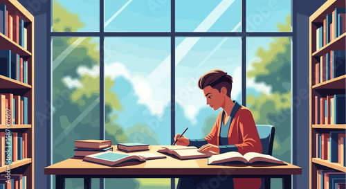 Student Concentrating in a Library A Serene Study Session Amidst Books and Natural Light