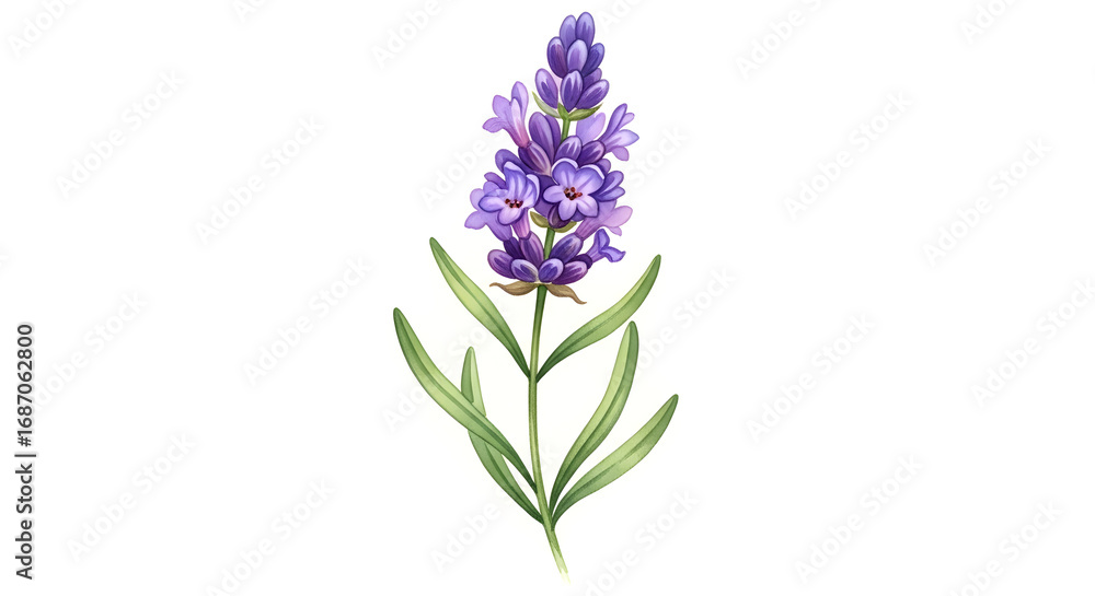 Fototapeta premium Single Lavender Stem Botanical — Delicate Watercolor Lavender Sprig with Narrow Leaves and Purple Flower Spike, Detailed Botanical Study for Herb Labels, Apothecary Art & Floral Prints