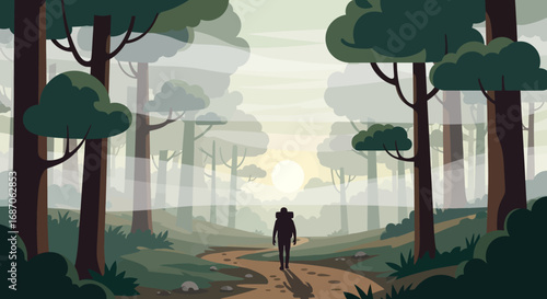 A peaceful morning journey as a lone backpacker walks a sun-drenched trail through a scenic forest landscape