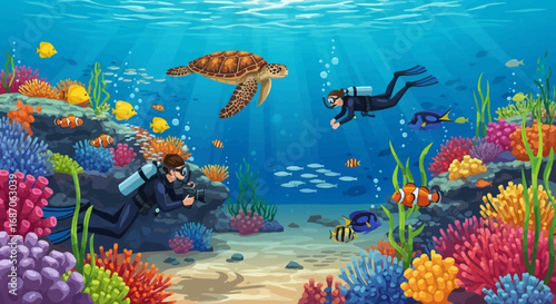 Underwater Exploration with Divers, Turtle, and Vibrant Coral Reef