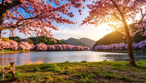 Stunning cherry blossoms by a serene lake at sunset